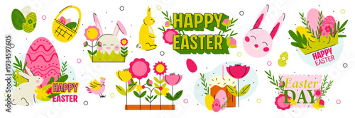 Set Easter cartoon stickers in retro style. Spring elements, rabbits, eggs, Christian holiday, Easter baskets, flowers. Vector groovy doodle shape