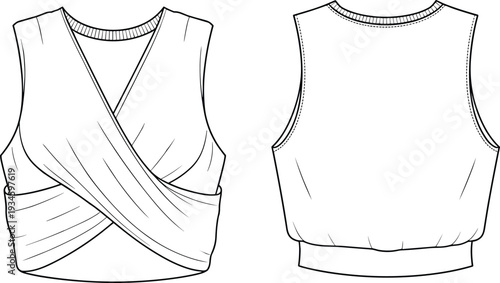 Sleeveless wrap crop top, technical flat sketch, V-neckline, gathered sides, asymmetrical hem, fashion illustration, garment design, apparel template