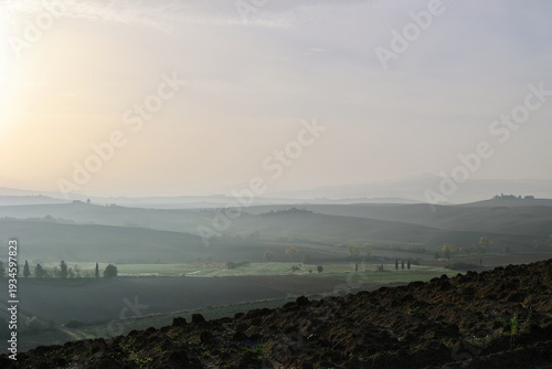 Autumn Morning Farmland near Pienza in the Tuscan Hills, Italy