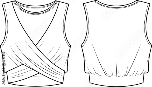 Sleeveless wrap top, technical flat sketch, V-neckline, gathered sides, fitted hem, blouson back, fashion illustration, apparel template