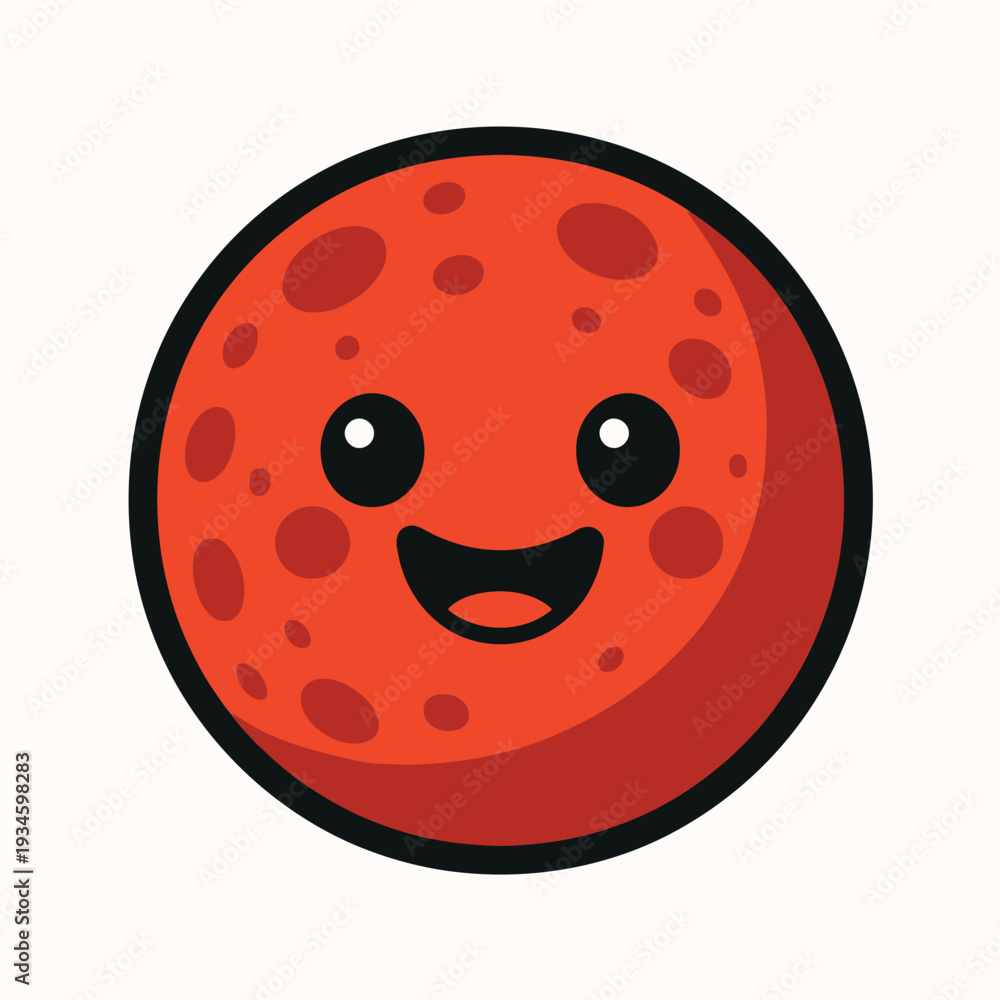 Fototapeta premium A cartoon red planet with a smiling face and craters on a white background.