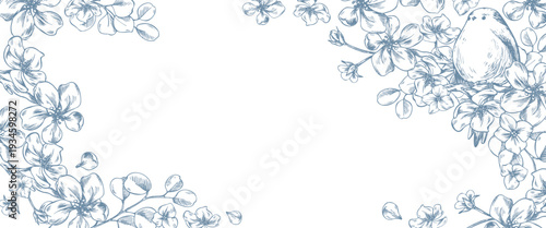 Apple blossom branches with a bird and flowers. Hand-drawn ink line art graphic illustration. Rectangular frame banner template for text, design for spring, summer holidays, and weddings.