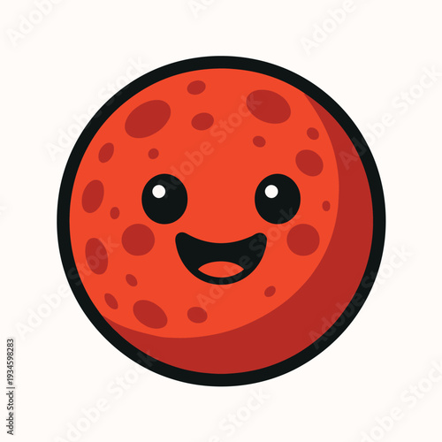 A cartoon red planet with a smiling face and craters on a white background.