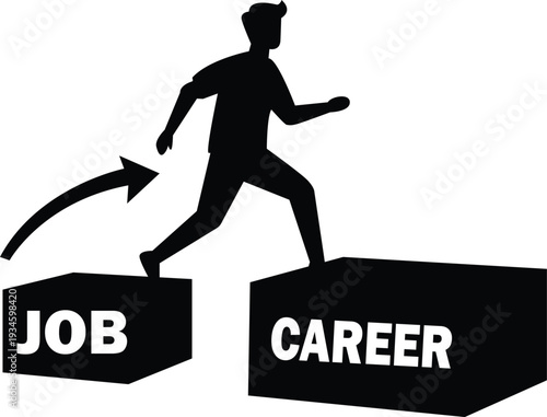 Man jumping from job block to career block showing professional progression