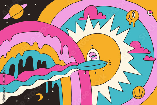 Surreal trippy space landscape with alien in UFO flying through melting rainbow towards smiling sun. Psychedelic groovy retro poster with liquid abstract shapes. Vibrant 70s hallucinogenic vector.