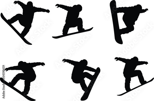 Snowboarder silhouette performing aerial tricks, extreme winter sports action, freestyle snowboarding jump, athlete mid-air balance, dynamic movement, adventure lifestyle, outdoor sport