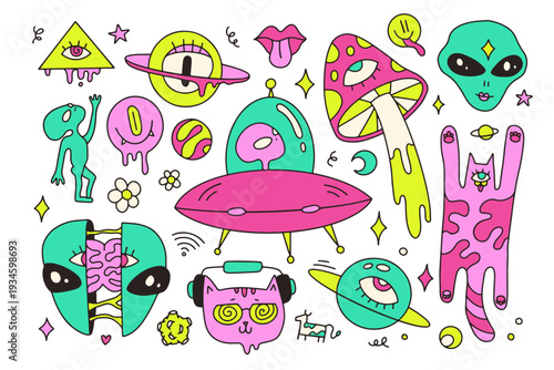 Psychedelic trippy space sticker pack. Surreal weird icons with alien, ufo, magic mushroom, melting cat and eye of providence. Groovy retro 70s hallucinogenic isolated vector elements collection.