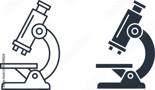 Two black and white microscopes on a white background