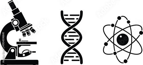 Science symbols including microscope DNA and atom