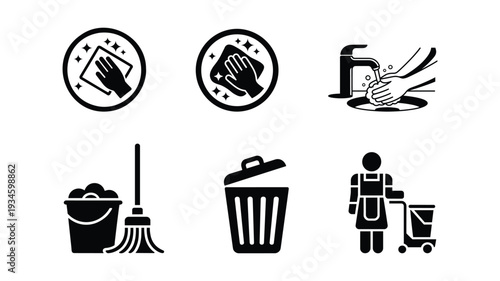 Cleaning and hygiene icon set with hand washing trash bin and janitor symbols