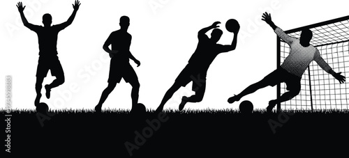 soccer, players, goalkeepers, silhouette, action, sport, ball, vector, black, cad, drawing, motion, athletic, illustration, field