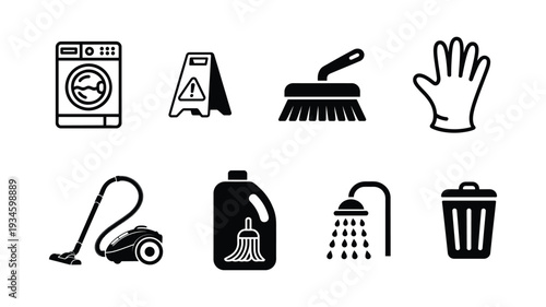 Cleaning and hygiene icon set, washing machine, wet floor sign, brush, glove, vacuum cleaner, cleaning product
