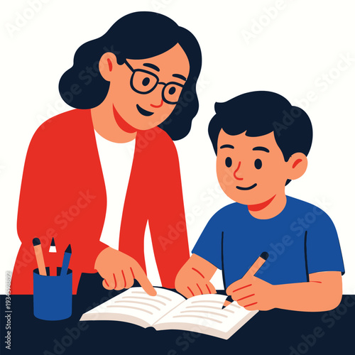A woman and a boy studying together with an open book and pencils on a table against a plain background with a cheerful mood.