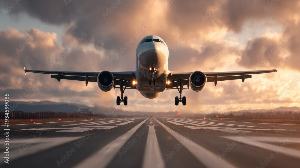 Fototapeta premium Airplane Taking Off at Sunset Over Runway with Dramatic Sky and Clouds, Aerial View of Aircraft Departing in Golden Light, Aviation in Motion