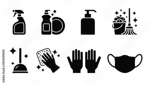 Sanitary and disinfection equipment icons including spray bottle mask and gloves