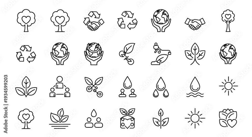 Fototapeta premium Ecological sustainability and environmental care line icon set with trees earth hands and water drops