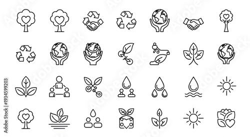 Ecological sustainability and environmental care line icon set with trees earth hands and water drops