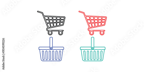 Shopping cart and trash can icon set in colorful line art style