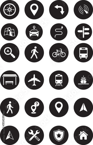 Navigation & Transportation Icons Set, Map, Location Pin, Compass, Direction and Travel Vector Collection.