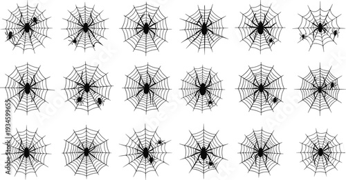 Spider web silhouettes, Halloween spider icons set, creepy cobweb illustration, arachnid network patterns, spooky decor graphics