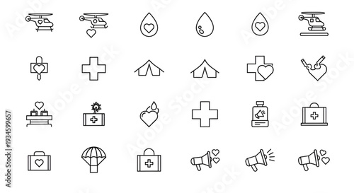 Set of outline icons depicting helicopters, medical crosses, tents, and megaphones for aid
