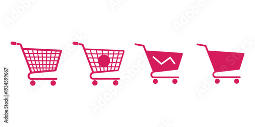 Shopping cart icon set with four different red shopping carts on white background