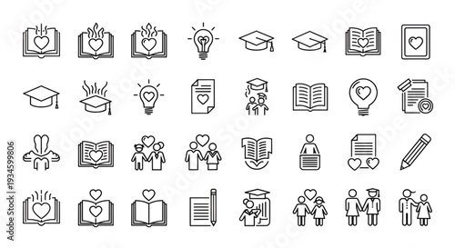 Set of outline education and relationship icons showing books, diplomas, and loving couples