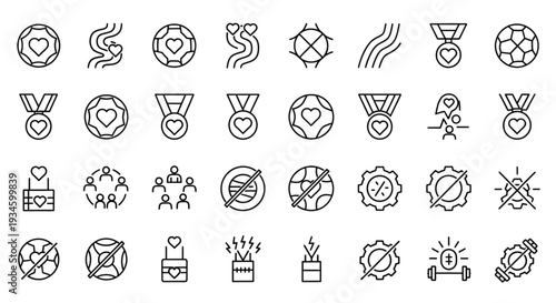 Set of outline icons showing hearts, soccer balls, medals, and settings for various concepts