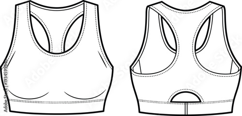 Sports bra front back, technical flat sketch, scoop neckline, racerback design, contour seams, wide elastic hem, athletic wear, apparel template