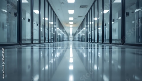 A long, empty office hallway with glass walls and a shiny floor
