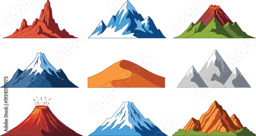 Mountain and Volcano Collection Cartoon Vector Illustration Set with Snowy Peaks Desert Hills and Erupting Volcano