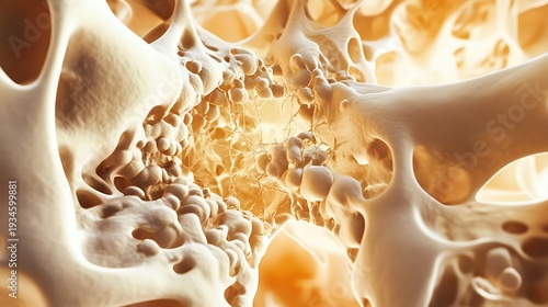 Detailed bone structure with porous surface and intricate network of fibers visible in a close up medical illustration