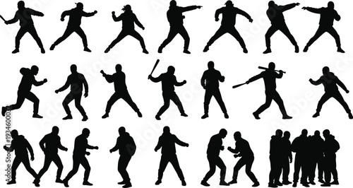 Silhouette people, action poses, confrontation stance, running figures, weapon holding, aggressive movement, teamwork group, pointing gesture, dynamic illustration, conflict scene, dramatic posture