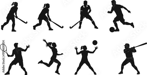 Sports silhouettes of athletes in action poses including hockey, soccer, tennis, running, volleyball, baseball, fitness, competition