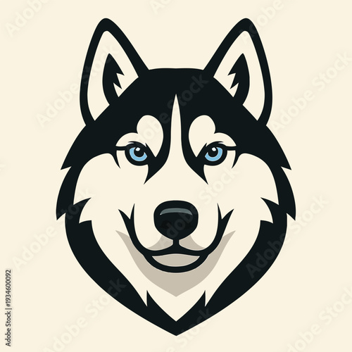 Vector illustration of a smiling husky dog head with blue eyes on a beige background