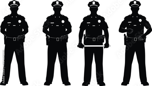 Silhouette police officers standing in uniform, law enforcement team, security authority figures, patrol duty, crime prevention, justice protection, public safety illustration