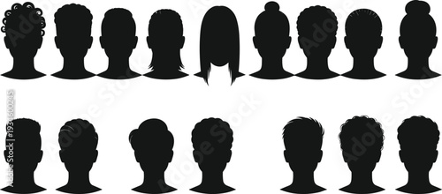 Silhouette profile heads, diverse hairstyles, human face icons, black vector illustration, hairstyle collection, fashion design, beauty concept, barber style, haircut inspiration, cultural diversity
