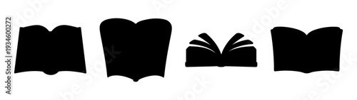 Four black book silhouettes vector illustration, one open book flat design