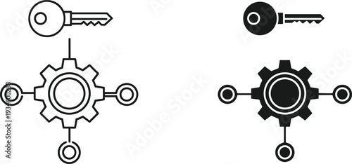 Key and gear icon set representing security access, technical solutions, mechanical password, encryption system, industrial safety, and administrative control settings.