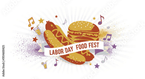 Labor day food fest banner with hot dogs and hamburger music notes and stars on white background