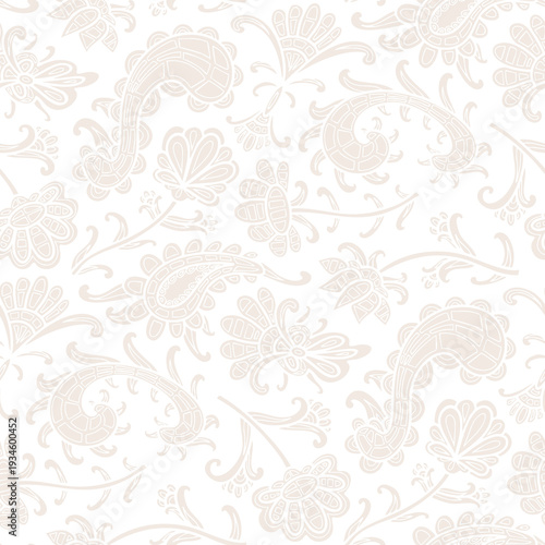 Paisley floral pattern, abstraction, swirl flowers, beige and white colors. Seamless floral pattern-1049.
