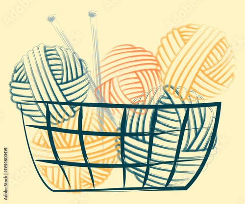 Balls of yarn and knitting needles in a bowl handmade work organic colors