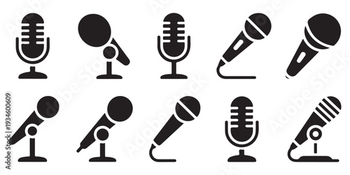Set of various black microphone icons, featuring different styles and designs, on white background