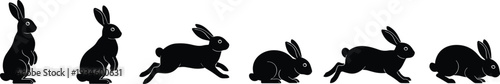 Rabbit silhouette sequence showing dynamic hopping motion, animal locomotion illustration for animation, wildlife study, educational design, minimal black vector art
