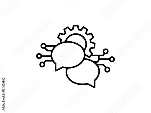 The icon features two speech bubbles with a gear behind them, symbolizing the integration of communication and mechanical engineering or technology. The speech bubbles are connected to the gear with l