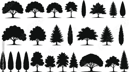 Silhouette trees collection, diverse tree shapes, forest landscape design, nature illustration, botanical outline, black tree icons, conifer, broadleaf, cypress, poplar