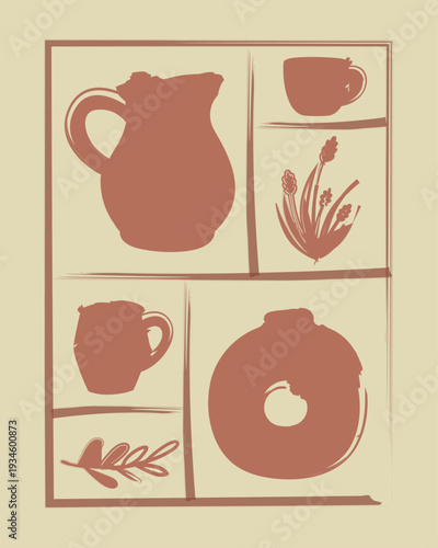 Pottery composition handmade work organic design ceramic works in frame