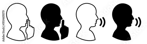 Human head profile silhouette icon set featuring silence and speaking symbols with finger on lips gesture and sound wave lines for communication and privacy concepts.