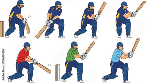 Professional Cricket Player Batting Action Set Dynamic Sportsman Poses with Bat and Helmet Vector Illustration