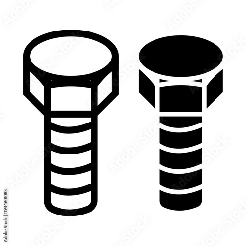 Industrial hexagonal bolt and threaded screw icon set featuring black silhouette and outline versions for construction, engineering, and hardware shop concepts.